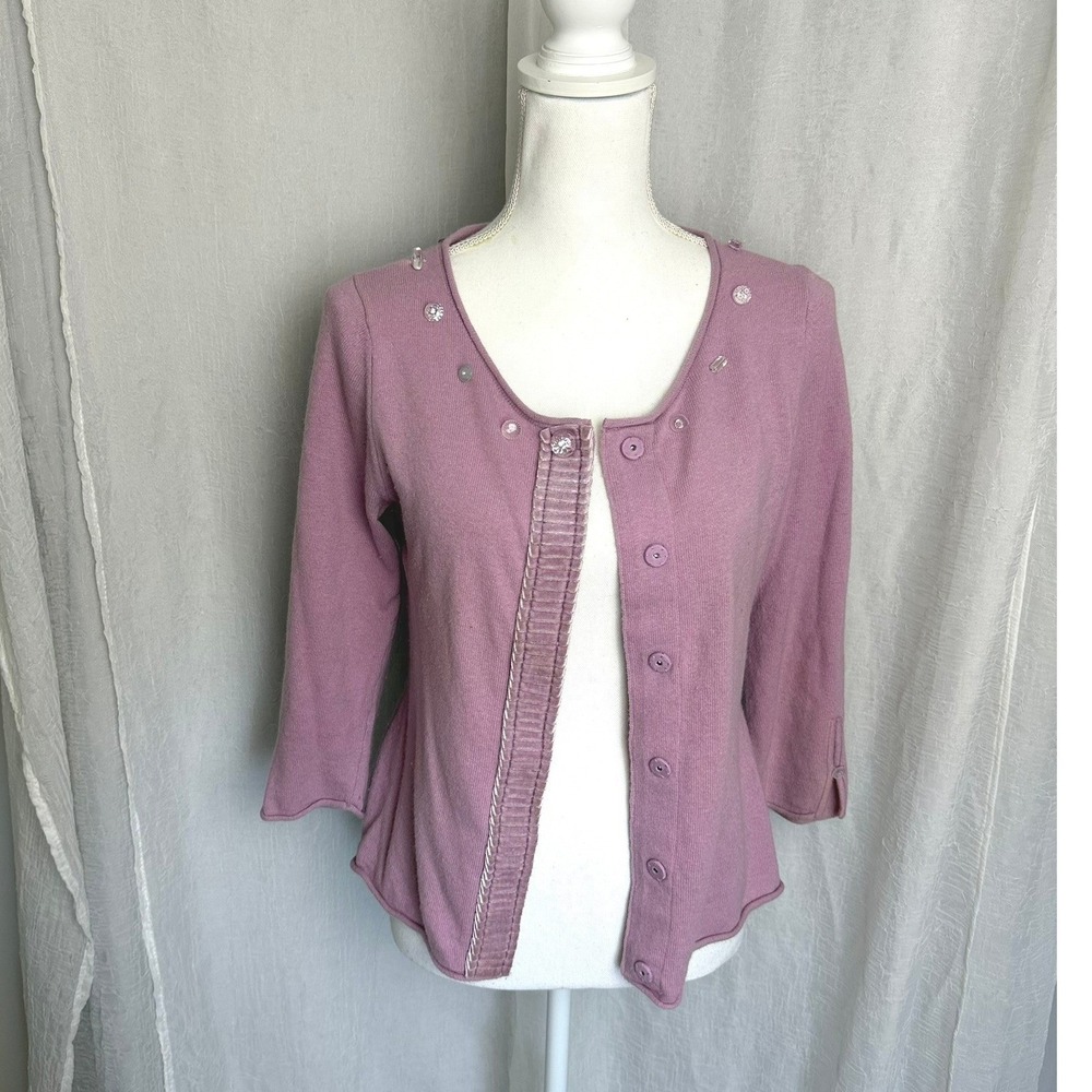 Hunters Run Knit Cardigan Women Medium Pink Cashmere Angora Embellished Vintage